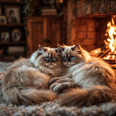 The primary subject of the image is two cats sitting together in front of a fireplace. The setting is a cozy living room with a fire burning in the fireplace. The visual style is a photo, capturing the cats and their surroundings in a realistic manner. The colors and mood of the image are warm and inviting, with the fire providing a sense of comfort and relaxation.